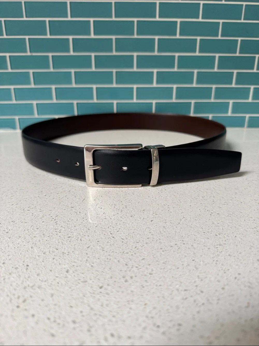 Reversible black and brown genuine leather made in Italy silver buckle belt